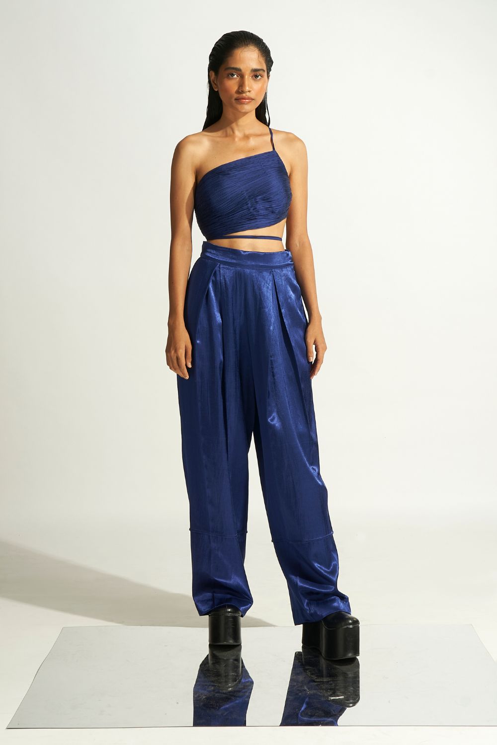 Blue ruched modal satin crop top from Aroka.