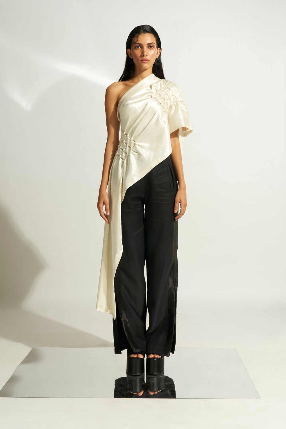 Mashru hand embroidered draped off shoulder, asymmetric top in off-white from Aroka.