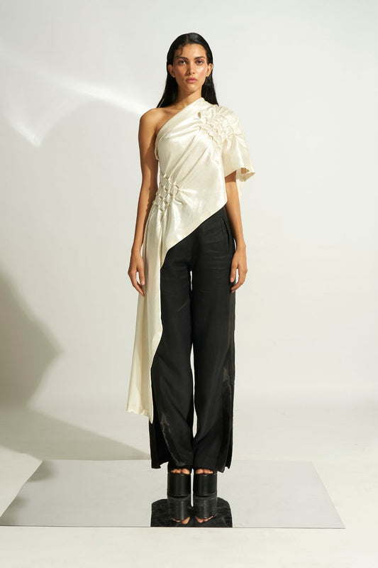 Mashru hand embroidered draped off shoulder, asymmetric top in off-white from Aroka.