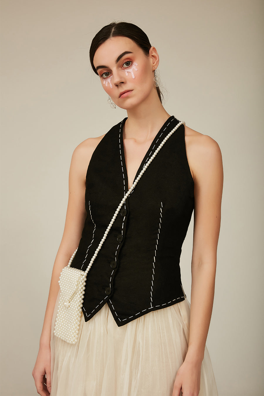 Kantha hand embroidery Black Linen Waistcoat by Aroka.
