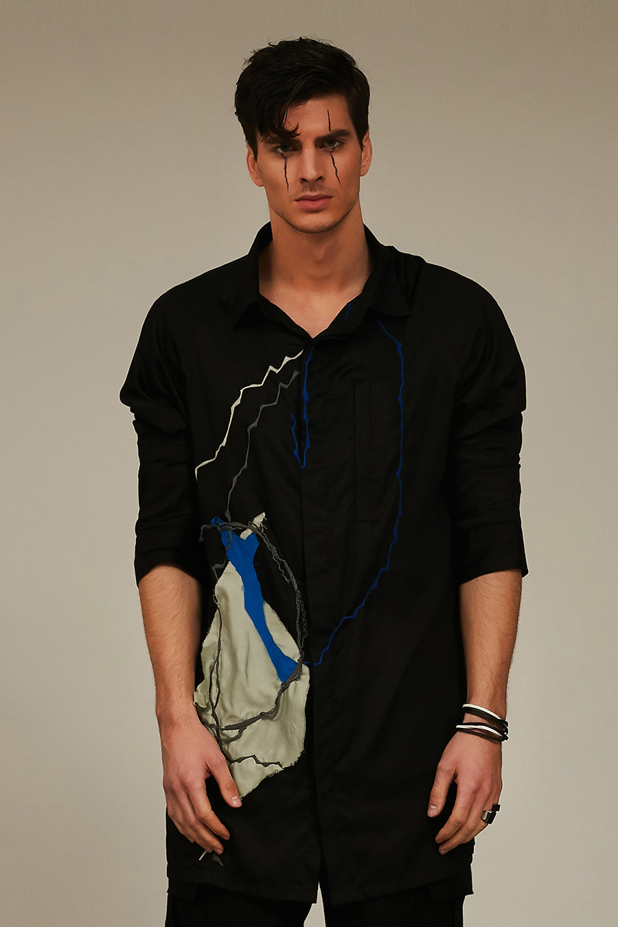 black tencel long shirt with patchwork
