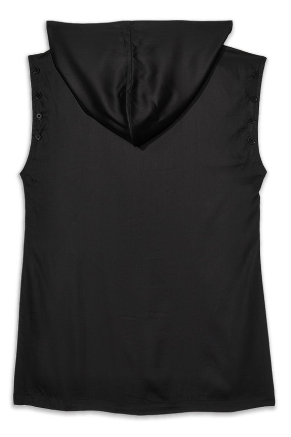 black tencel sleeveless tunic with hood for men