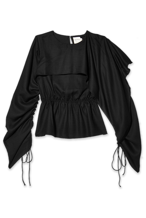 black tencel top with drawstring sleeves
