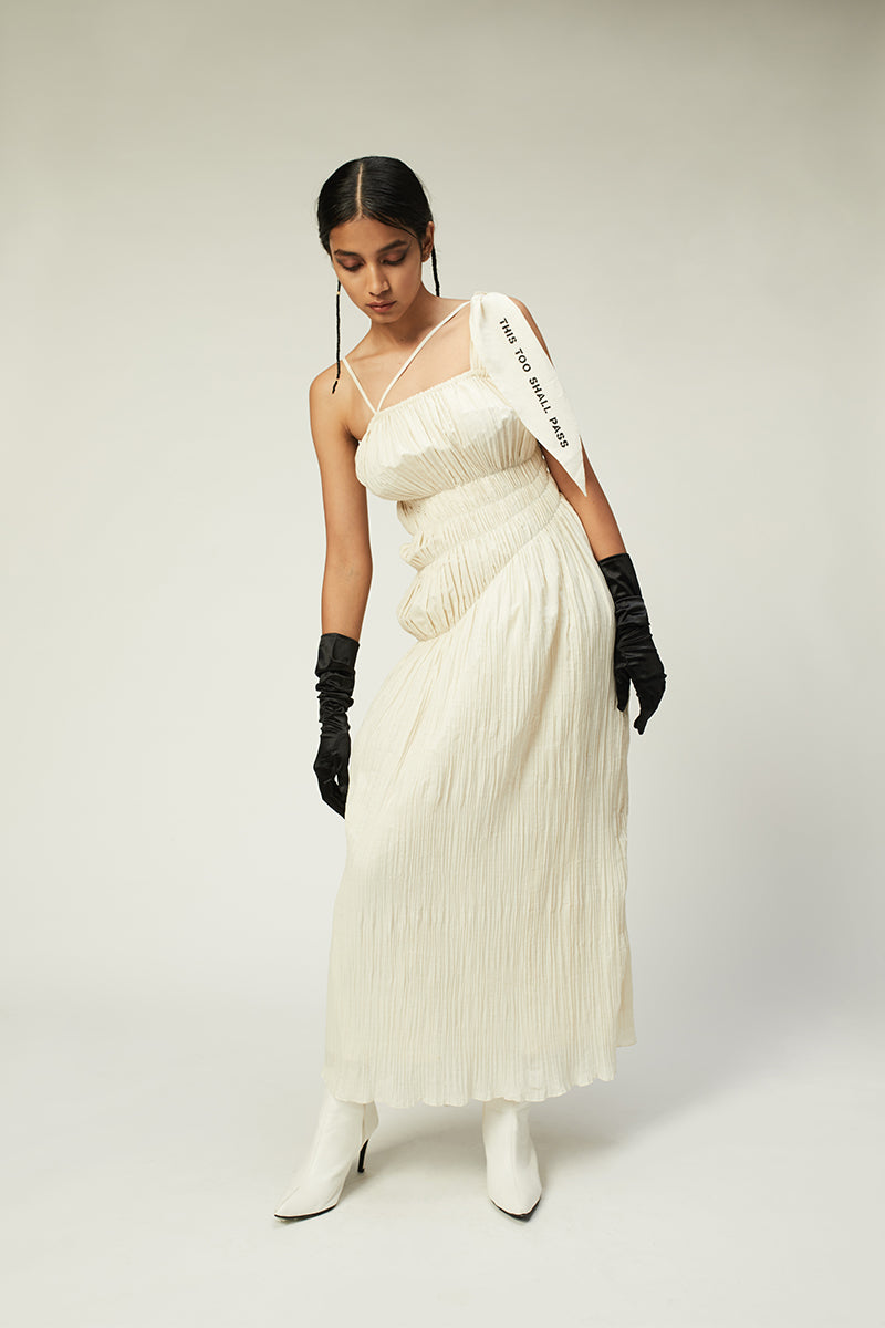 muslin ruched dress with asymmetric waist elastic