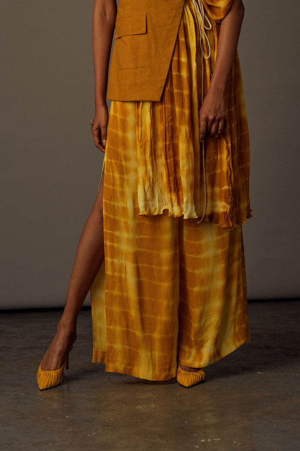 Mustard Tie-dye Wrinkled Crepe Slit Overlap Pants