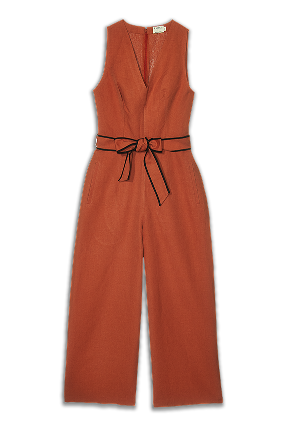 orange linen jumpsuit with waist tie belt