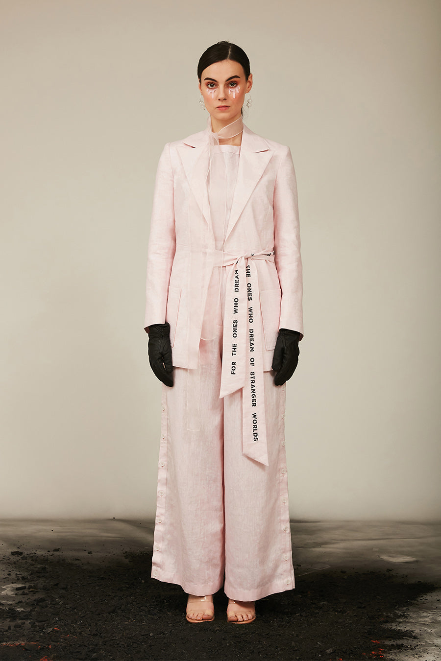 pink linen double breasted jacket with printed waist tie up