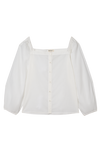 white organic cotton shirt with square neckline and puffed sleeves