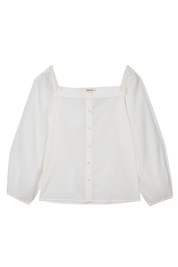 white organic cotton shirt with square neckline and puffed sleeves